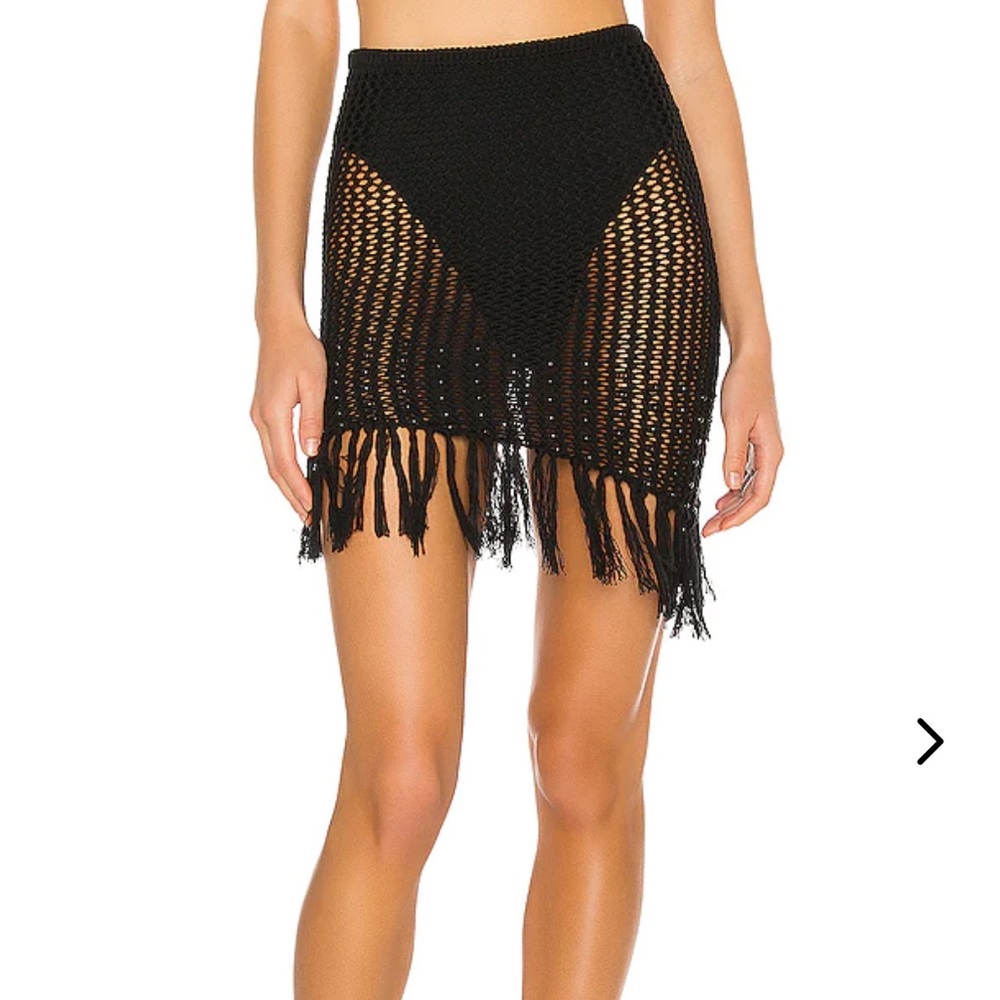 Lovers + Friends Black Crochet Fringe Swim Coverup Mini Skirt